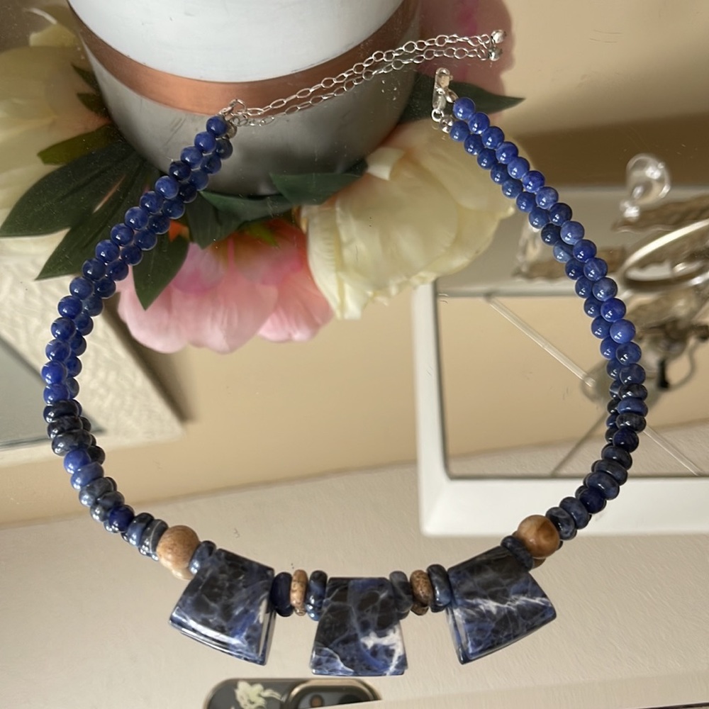 Sodalite beaded collar coil necklace with 925 Silver Chain